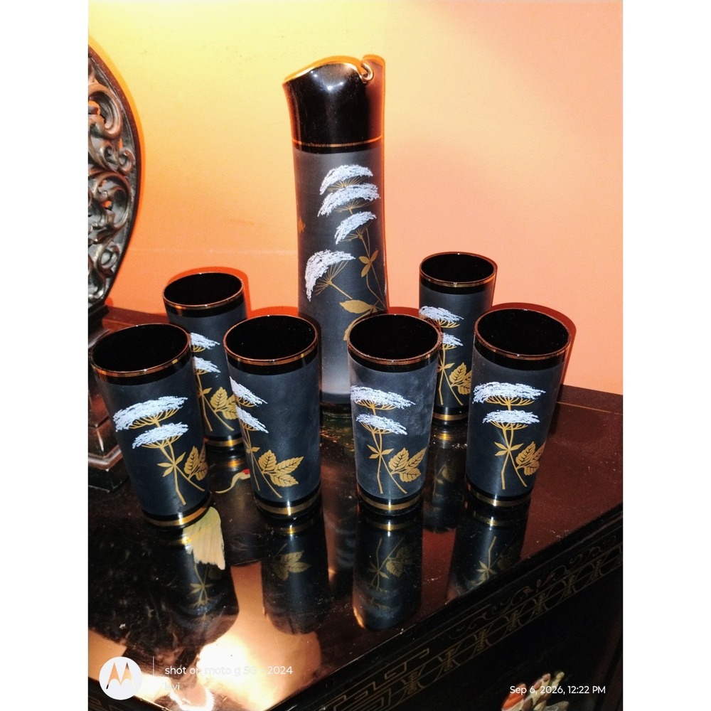 Black Glass Drinking Tumbler set Gold Rim Floral Flowers & Plants Design